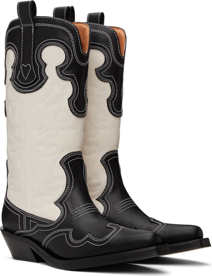 GANNI Black & White Mid Shaft Embroidered Western Boots - Image 4