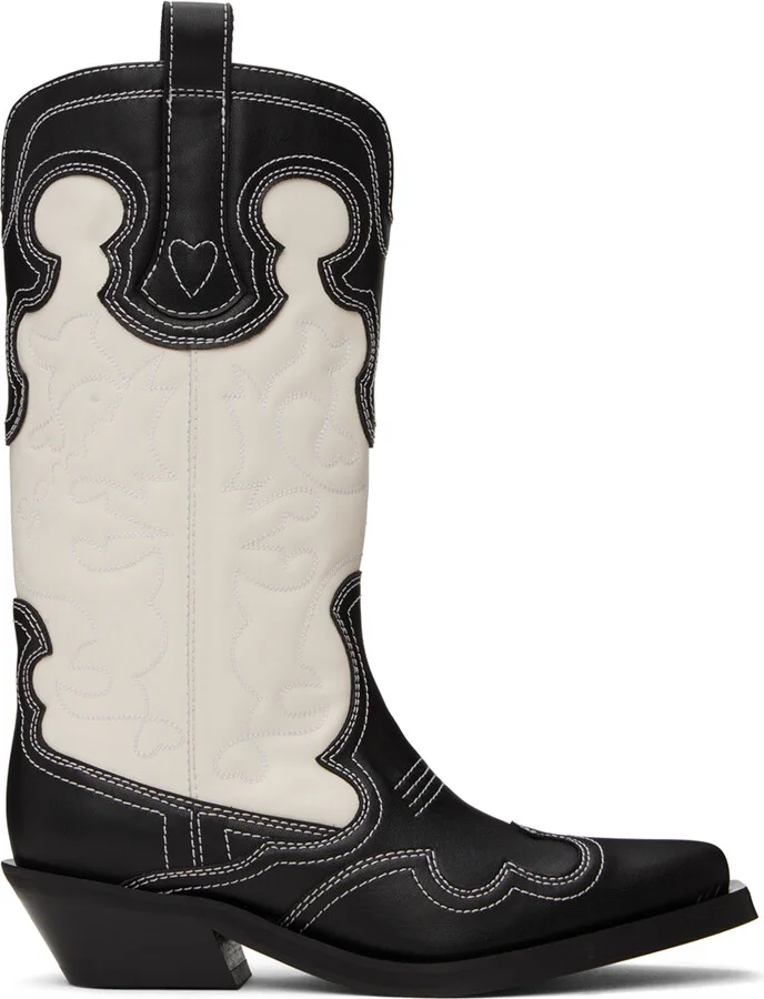 GANNI Black & White Mid Shaft Embroidered Western Boots