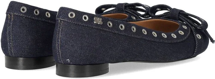 Ganni Blue Denim Ballet Flat Shoe With Bows - Image 4
