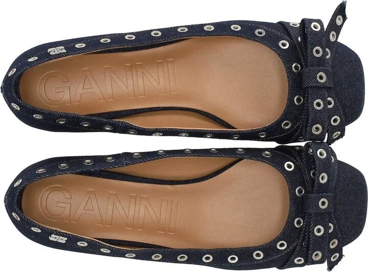 Ganni Blue Denim Ballet Flat Shoe With Bows - Image 5