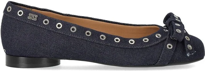 Ganni Blue Denim Ballet Flat Shoe With Bows