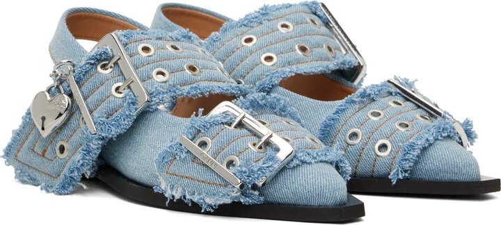 GANNI Blue Denim Charms Feminine Buckle Flats - Image 4