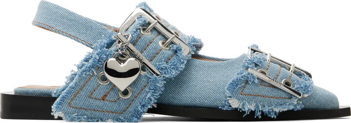 GANNI Blue Denim Charms Feminine Buckle Flats
