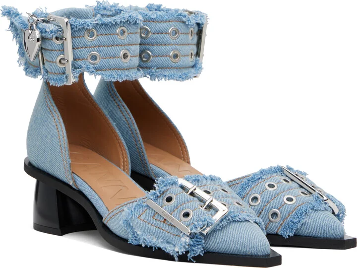GANNI Blue Denim Feminine Buckle Open Cut Heels - Image 4
