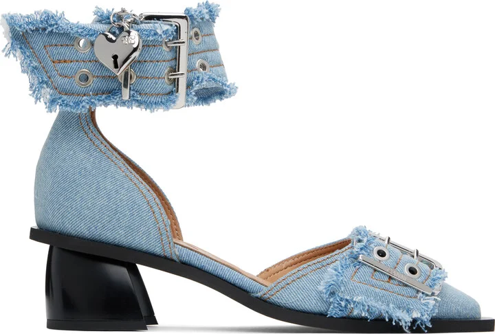GANNI Blue Denim Feminine Buckle Open Cut Heels