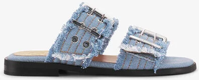 Ganni Blue Denim Feminine Buckle Two-Strap Sandals