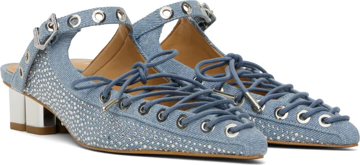 GANNI Blue Lace-Up Denim Mules - Image 4