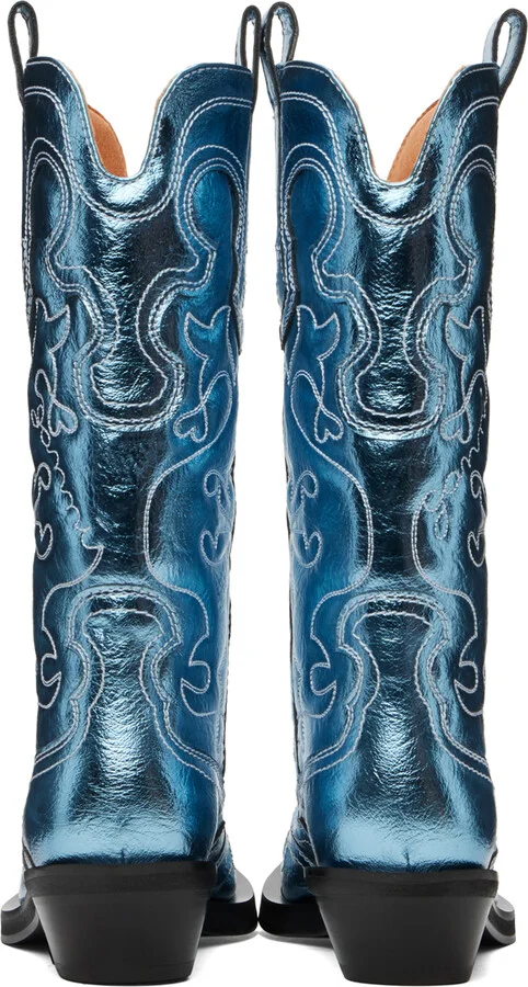 GANNI Blue Metallic Mid Shaft Embroidered Western Boots - Image 2