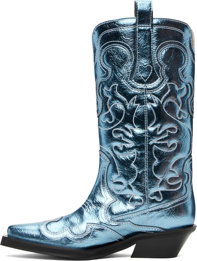 GANNI Blue Metallic Mid Shaft Embroidered Western Boots - Image 3