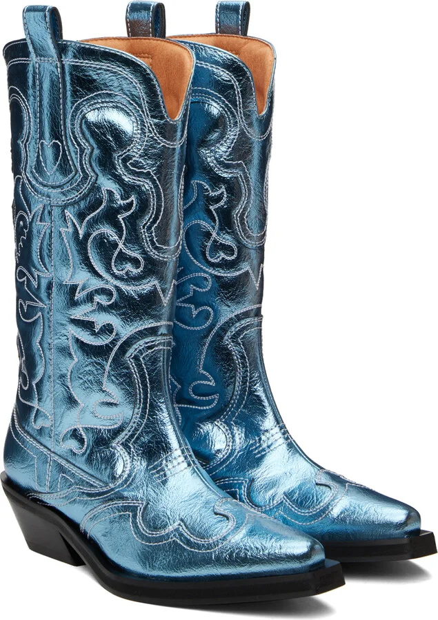 GANNI Blue Metallic Mid Shaft Embroidered Western Boots - Image 4