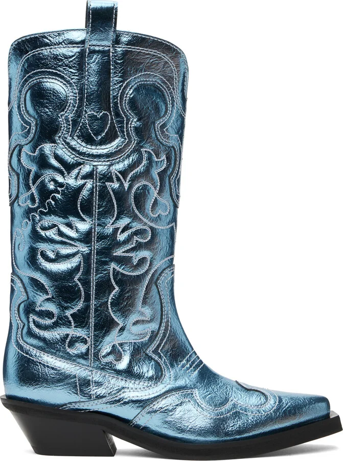 GANNI Blue Metallic Mid Shaft Embroidered Western Boots