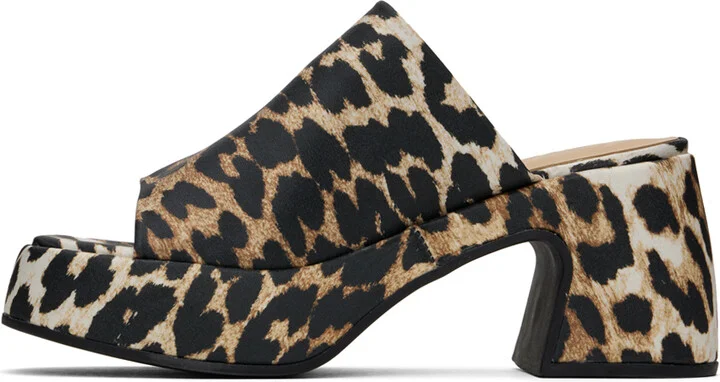 GANNI Brown & Black Leopard Butterfly Platform Satin Heeled Sandals - Image 3
