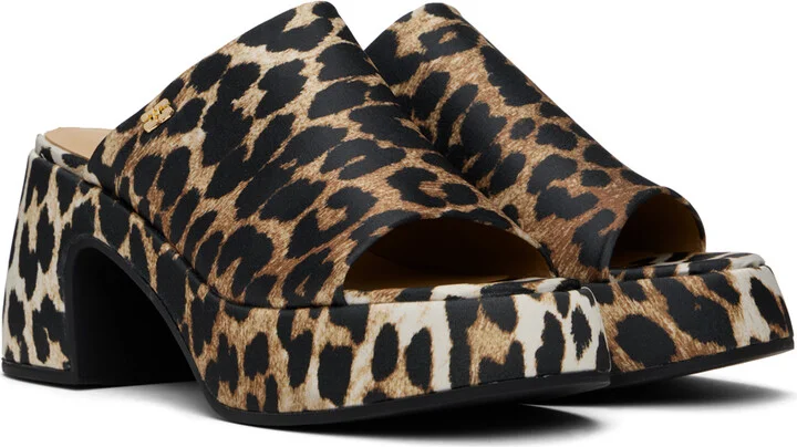 GANNI Brown & Black Leopard Butterfly Platform Satin Heeled Sandals - Image 4