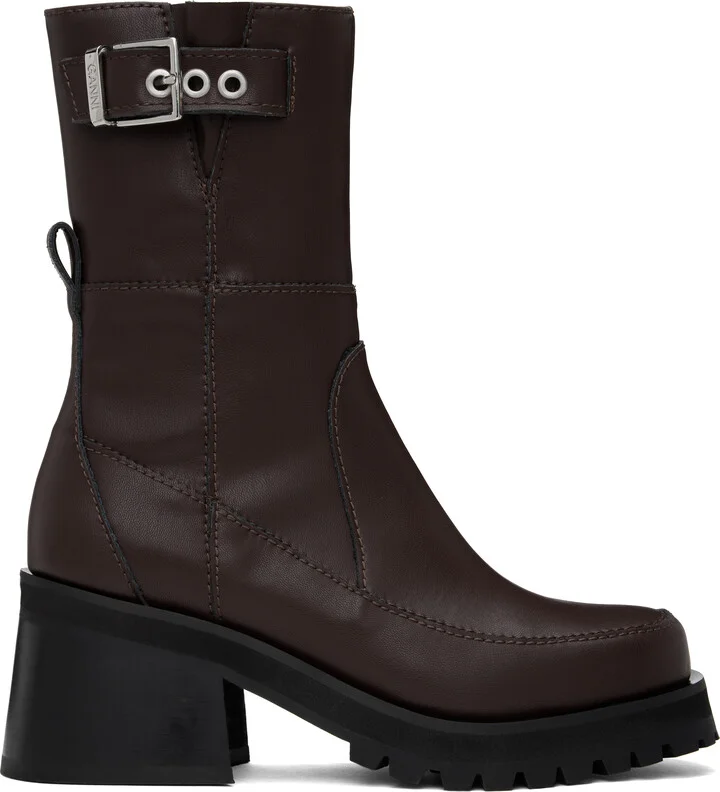 GANNI Brown Feminine Buckle Platform Boots