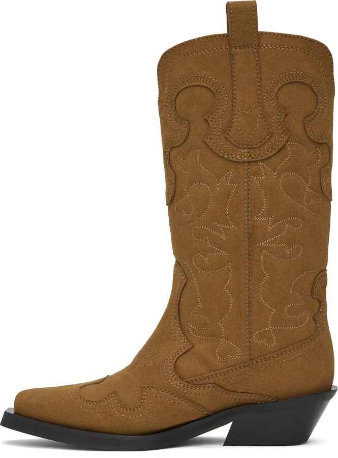 GANNI Brown Mid Shaft Embroidered Western Boots - Image 3
