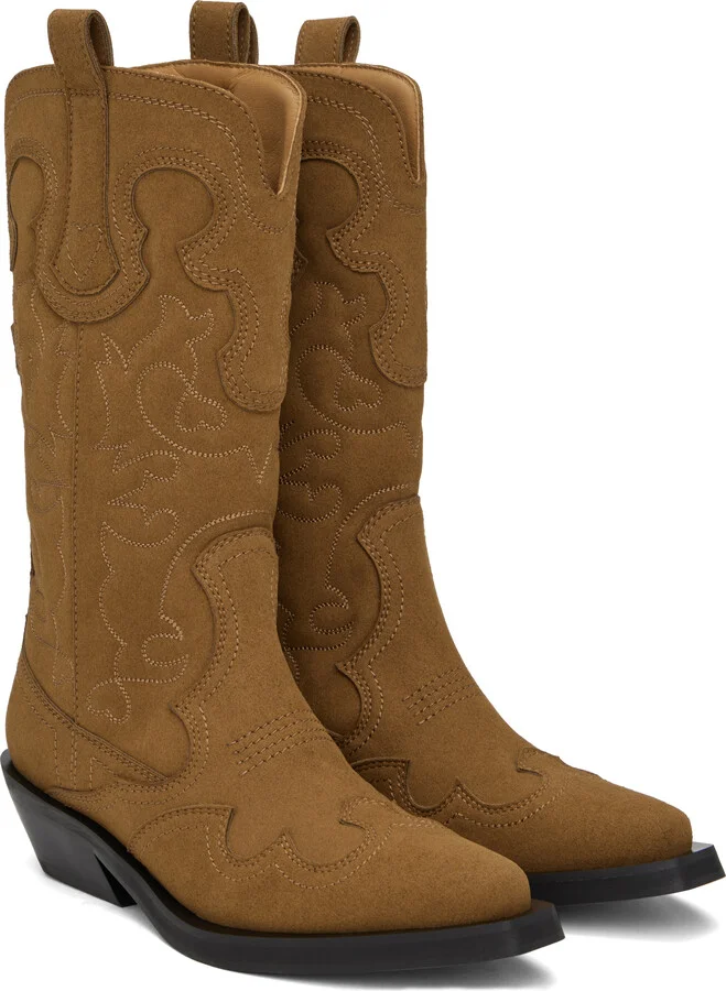GANNI Brown Mid Shaft Embroidered Western Boots - Image 4