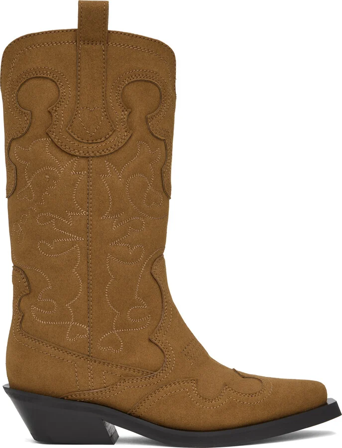 GANNI Brown Mid Shaft Embroidered Western Boots