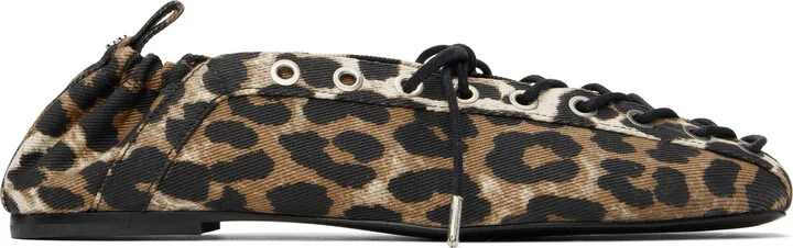 GANNI Brown Printed Denim Lace-Up Ballerina Flats