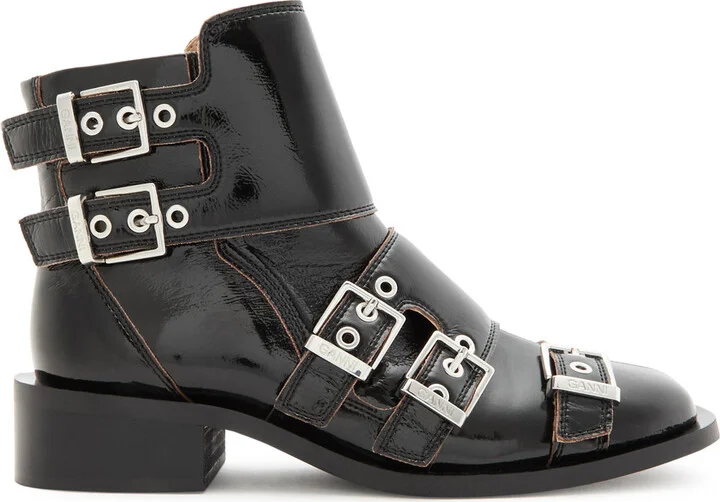 Ganni Buckle 40 Patent Faux Leather Ankle Boots