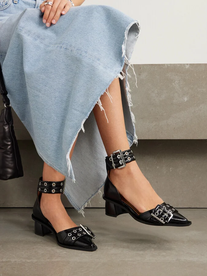 GANNI - Buckled Eyelet-embellished Faux Patent-leather Pumps - Black - Image 2