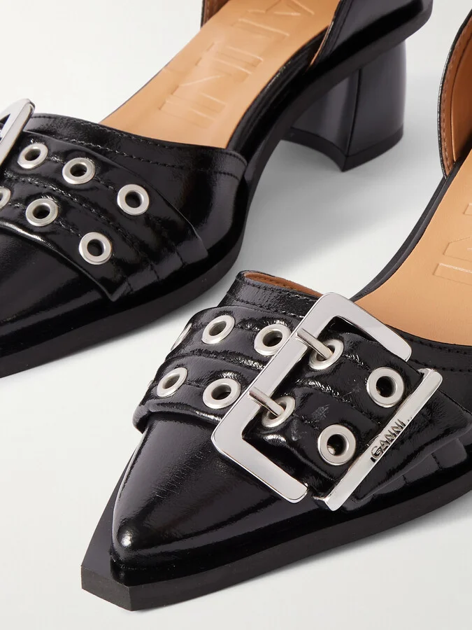 GANNI - Buckled Eyelet-embellished Faux Patent-leather Pumps - Black - Image 4
