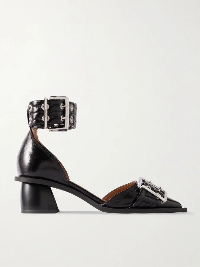 GANNI - Buckled Eyelet-embellished Faux Patent-leather Pumps - Black