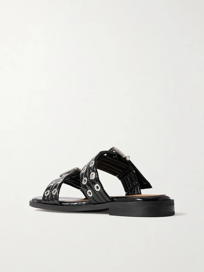 GANNI - Buckled Eyelet-embellished Recycled Faux Patent-leather Sandals - Black - Image 3