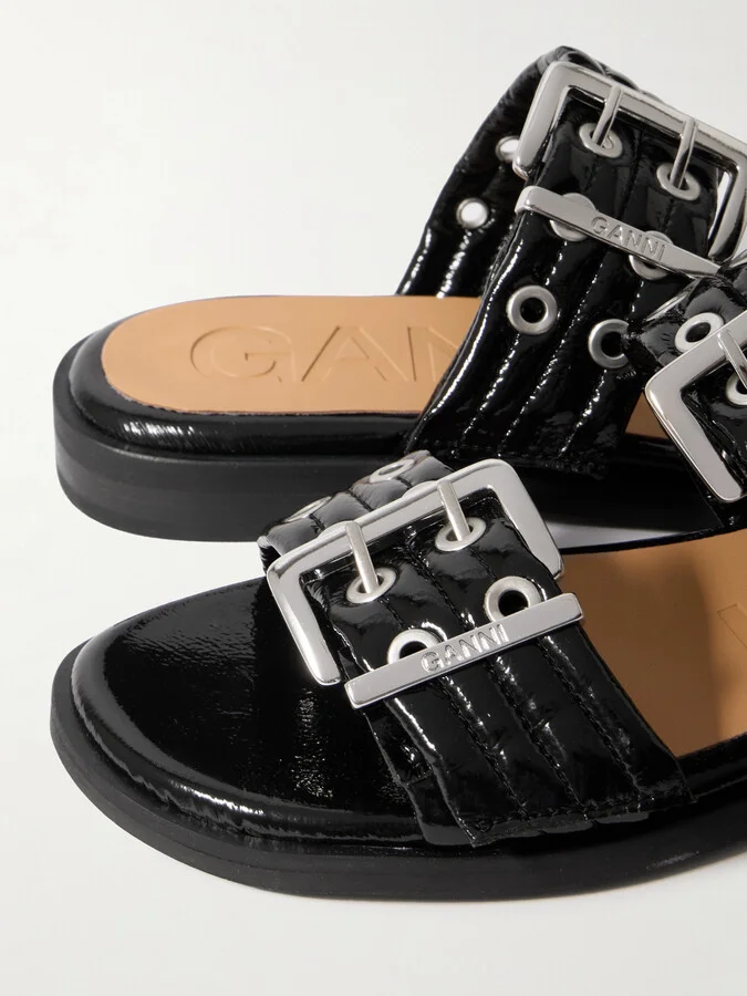 GANNI - Buckled Eyelet-embellished Recycled Faux Patent-leather Sandals - Black - Image 4