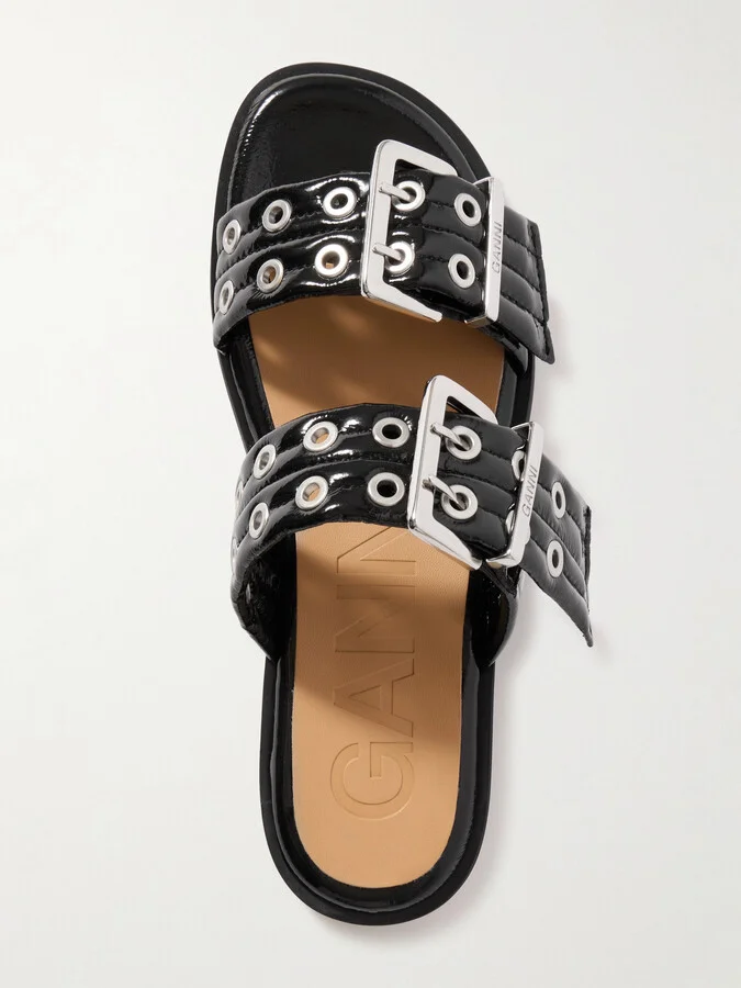 GANNI - Buckled Eyelet-embellished Recycled Faux Patent-leather Sandals - Black - Image 5