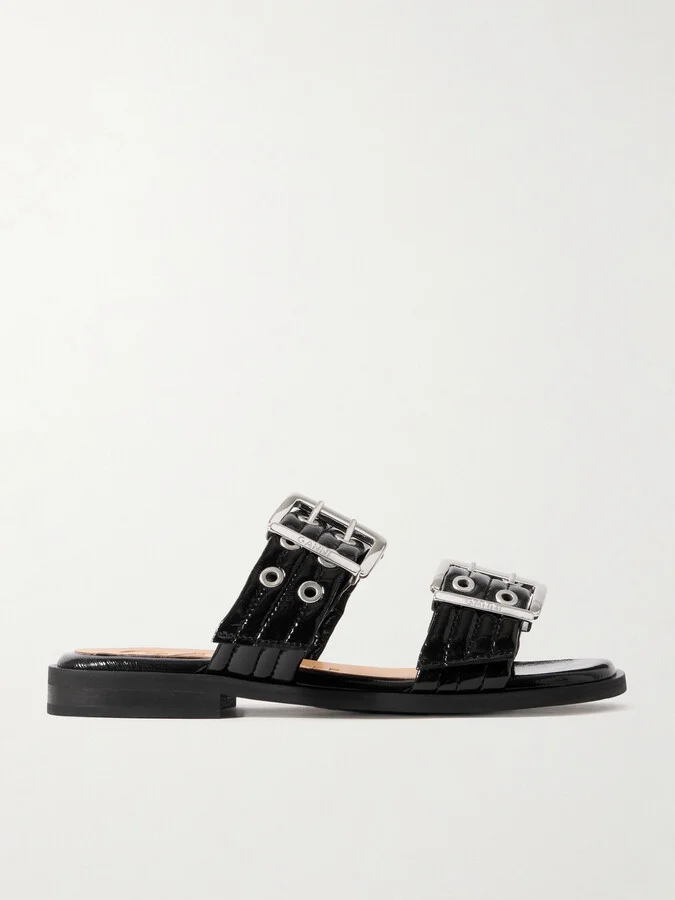 GANNI - Buckled Eyelet-embellished Recycled Faux Patent-leather Sandals - Black
