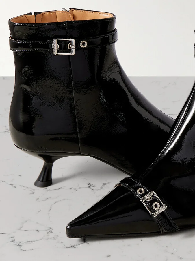 GANNI - Buckled Vinyl Point-toe Ankle Boots - Black - Image 4
