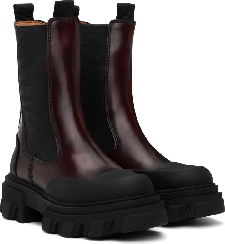 GANNI Burgundy & Black Cleated Mid Chelsea Boots - Image 4