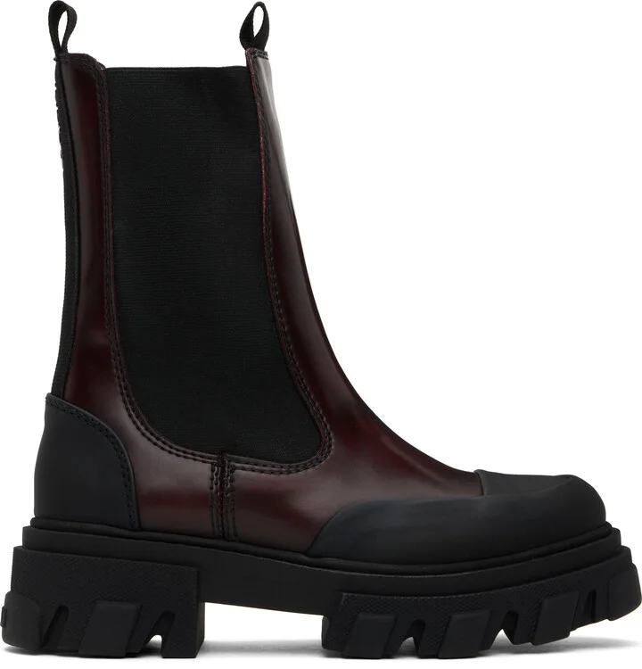 GANNI Burgundy & Black Cleated Mid Chelsea Boots