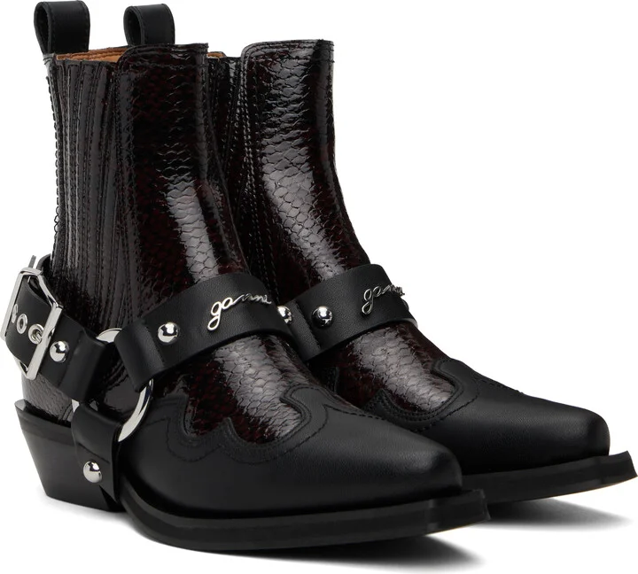GANNI Burgundy & Black Low Cut Western Chelsea Boots - Image 4