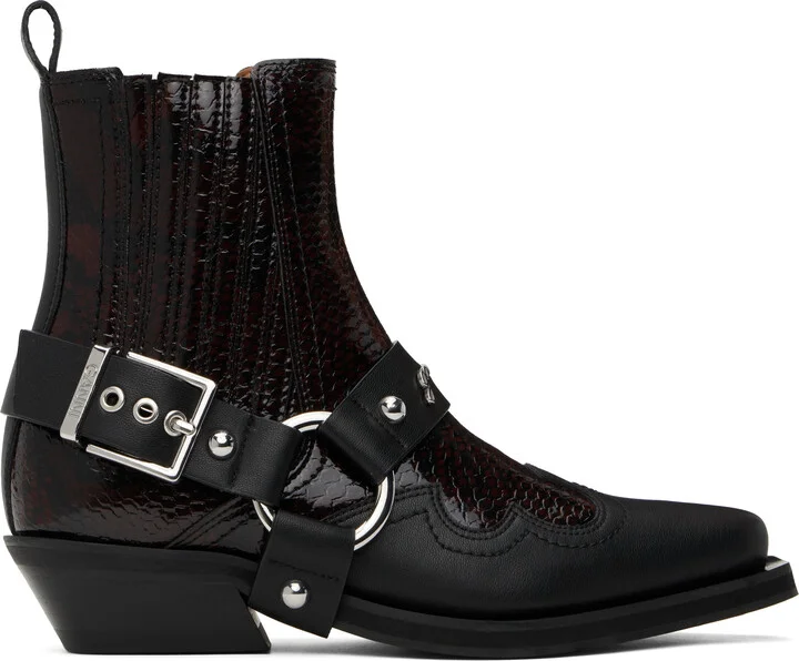 GANNI Burgundy & Black Low Cut Western Chelsea Boots