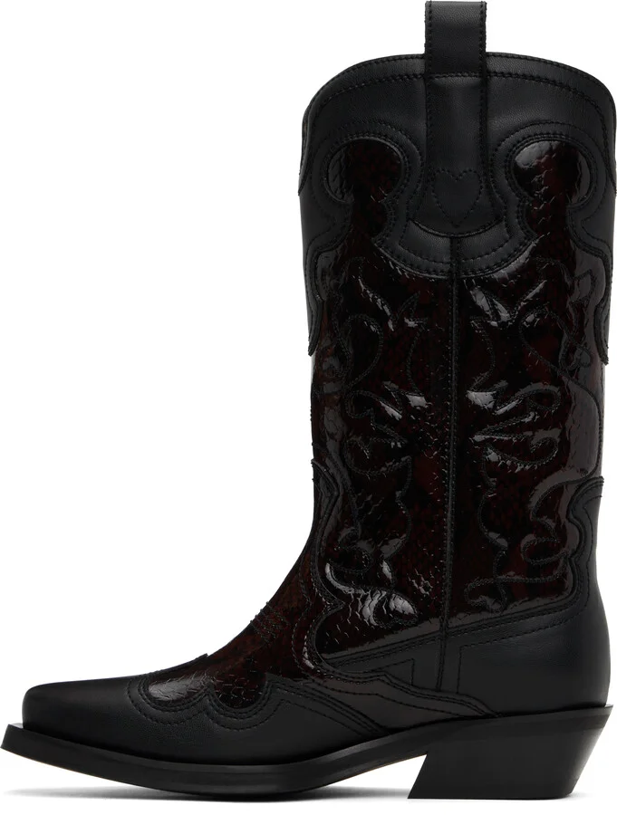 GANNI Burgundy & Black Mid Shaft Embroidered Western Boots - Image 3