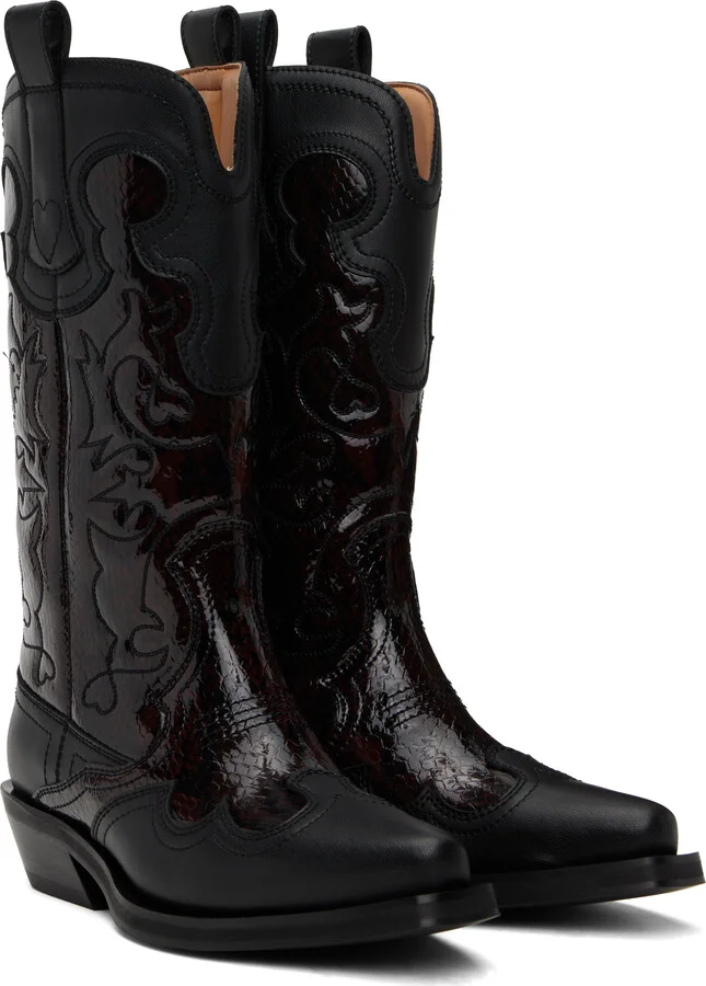 GANNI Burgundy & Black Mid Shaft Embroidered Western Boots - Image 4