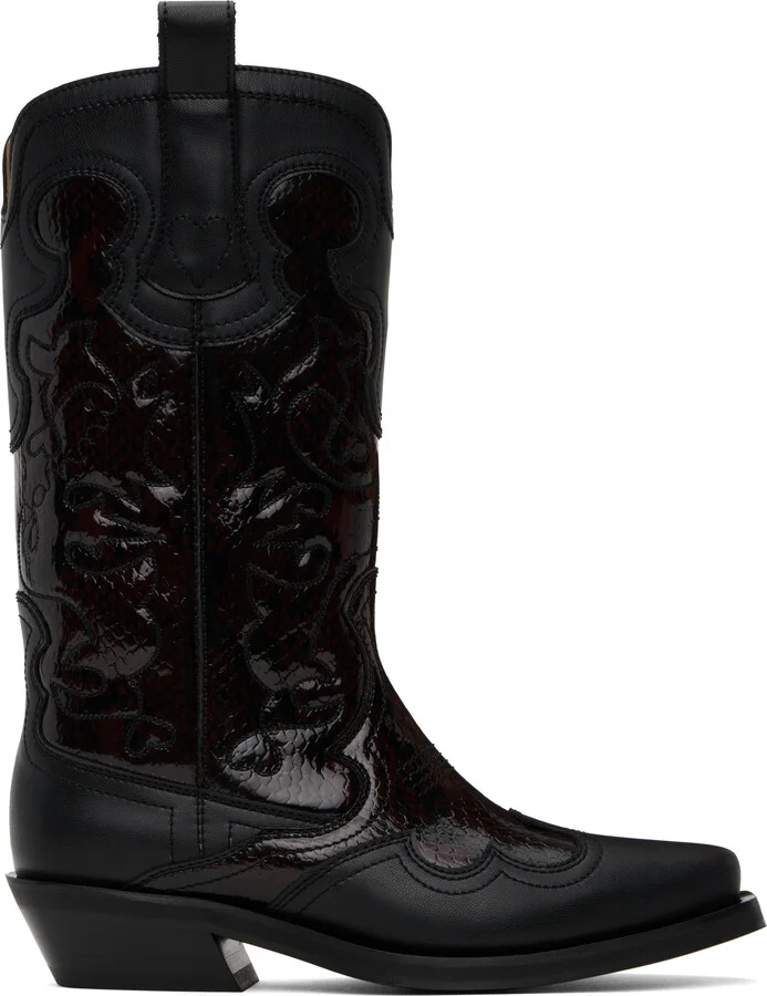 GANNI Burgundy & Black Mid Shaft Embroidered Western Boots