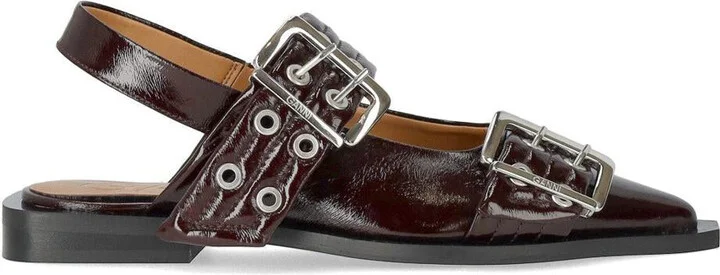 Ganni Burgundy Slingback Ballet Flat Shoe With Buckles