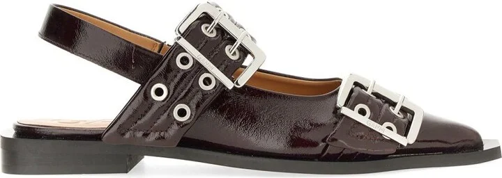 Ganni Burgundy Slingback Ballet Flat Shoe With Buckles