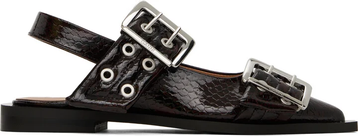 GANNI Burgundy Snake Feminine Buckle Flats