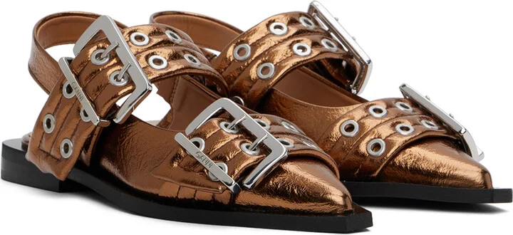 GANNI Copper Metallic Buckle Ballerina Flats - Image 4