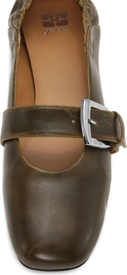 Ganni Dark Olive Green Flats With Buckle Strap - Image 2