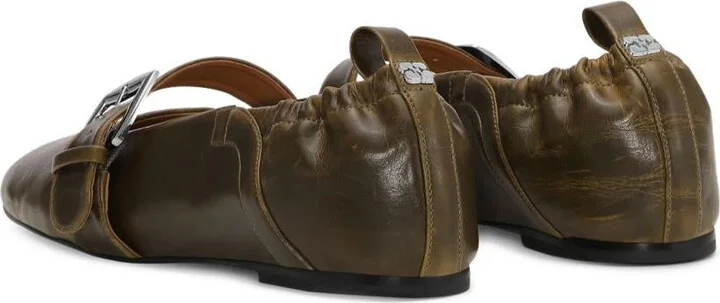 Ganni Dark Olive Green Flats With Buckle Strap - Image 3