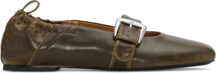 Ganni Dark Olive Green Flats With Buckle Strap