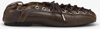 Ganni Dark-Olive Oleatex Lace-Up Ballerinas
