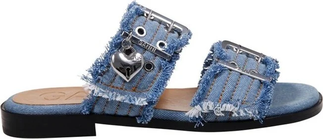 Ganni Denim Feminine Buckle Two-Strap Sandals