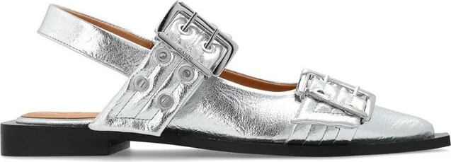 Ganni Double-Buckled Pointed-Toe Ballerina Shoes