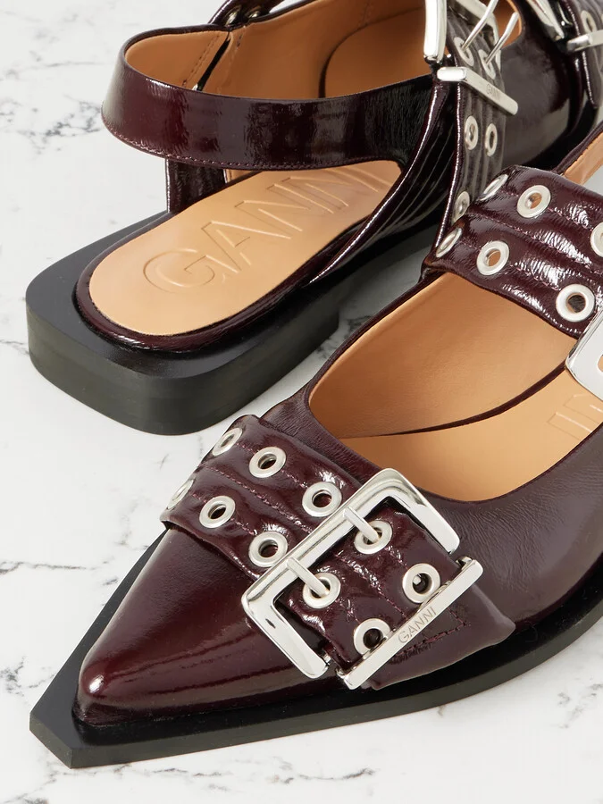 GANNI - Embellished Glossed Recycled Point-toe Slingback Flats - Burgundy - Image 4