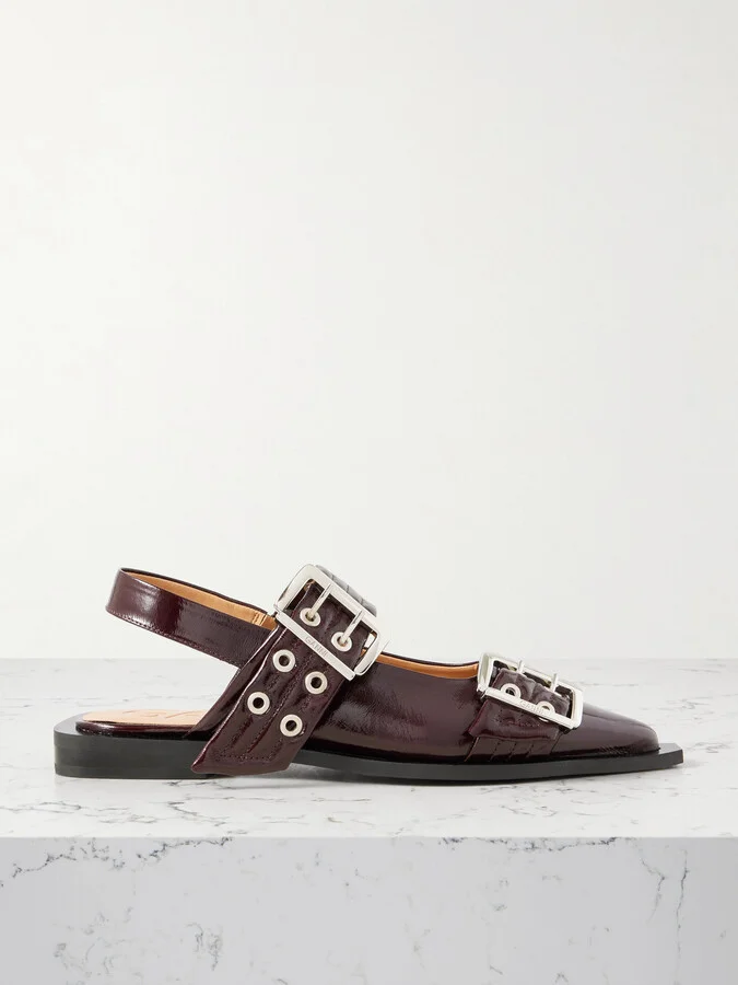 GANNI - Embellished Glossed Recycled Point-toe Slingback Flats - Burgundy